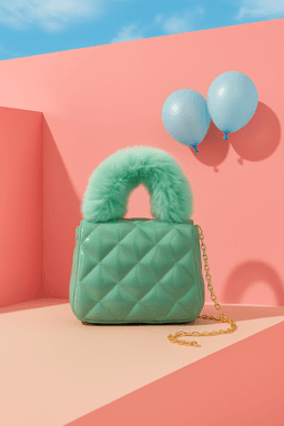 Quilted Fur Handle Cartoon Charm Handbag - Green