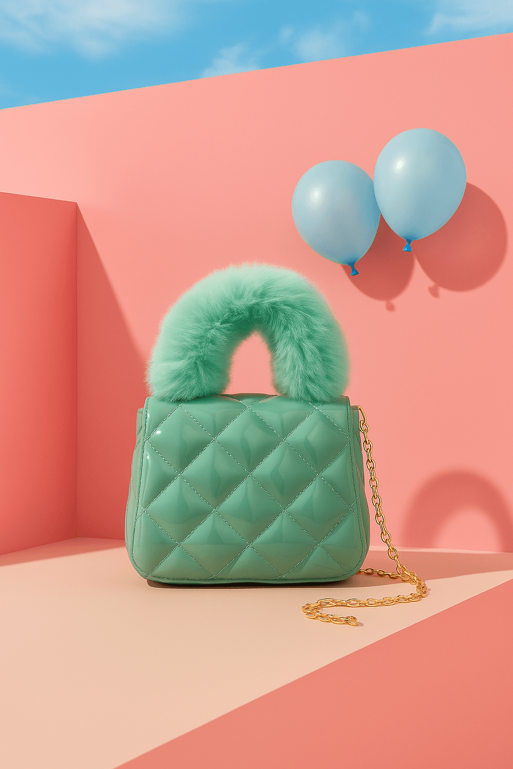 Quilted Fur Handle Cartoon Charm Handbag - Green thumbnail 1