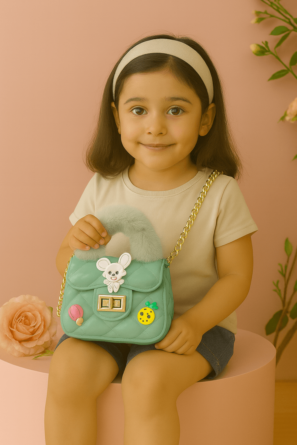 Quilted Fur Handle Cartoon Charm Handbag - Green thumbnail 2