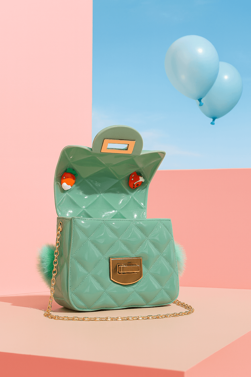 Quilted Fur Handle Cartoon Charm Handbag - Green thumbnail 3