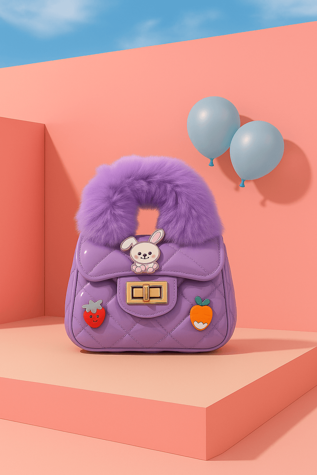 Quilted Fur Handle Cartoon Charm Handbag - Purple thumbnail 3