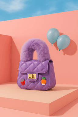 Quilted Fur Handle Cartoon Charm Handbag - Purple