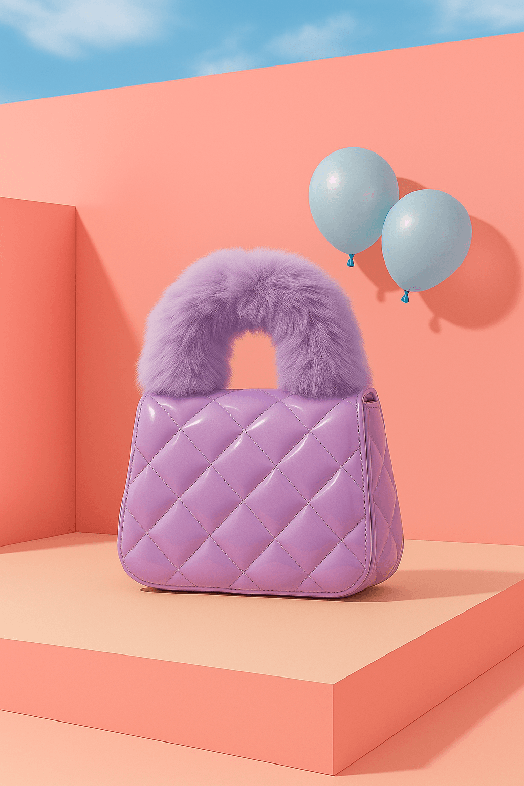 Quilted Fur Handle Cartoon Charm Handbag - Purple thumbnail 2