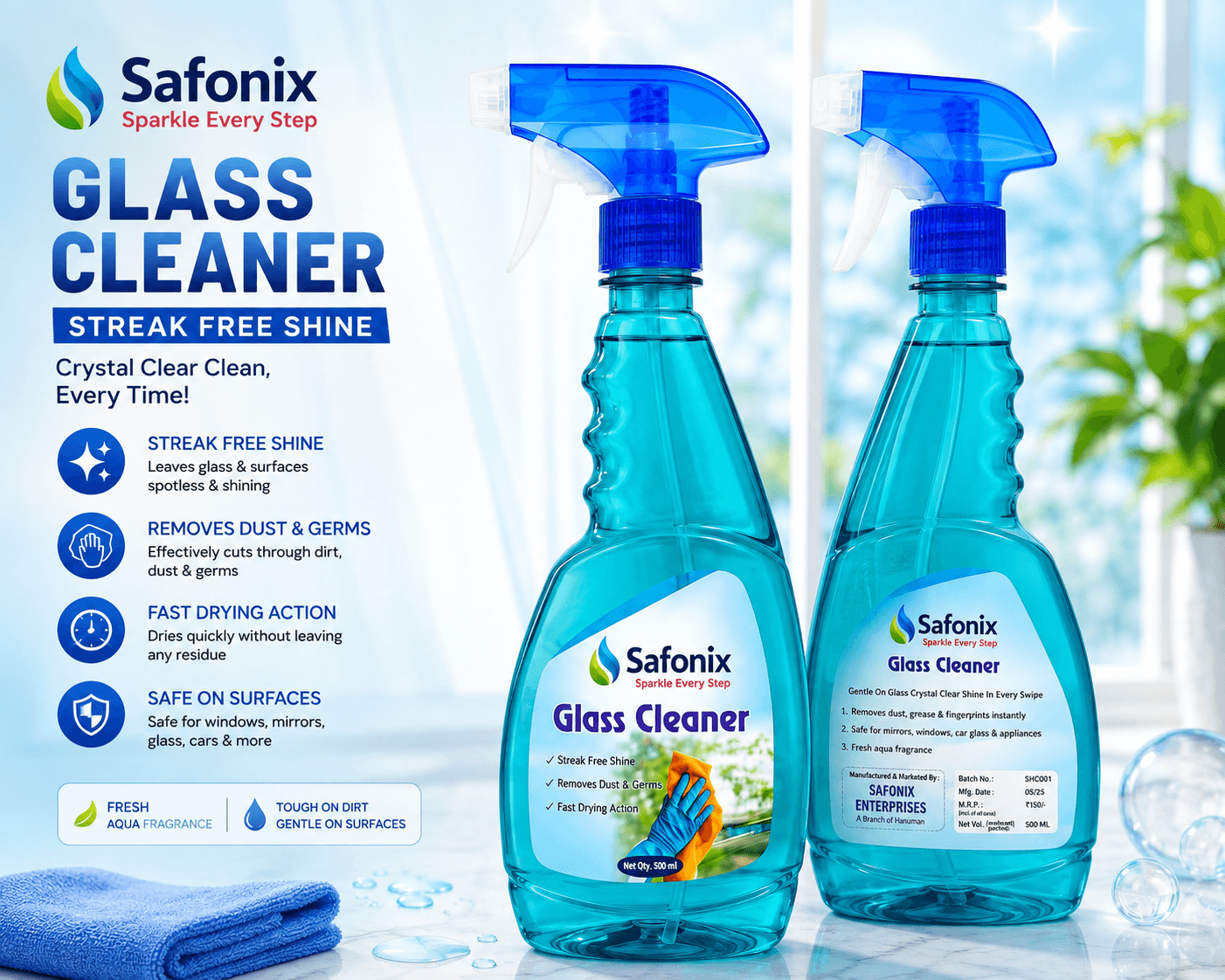Safonix Glass Cleaner Liquid Spray Bottle | Pack Of 2 thumbnail 2