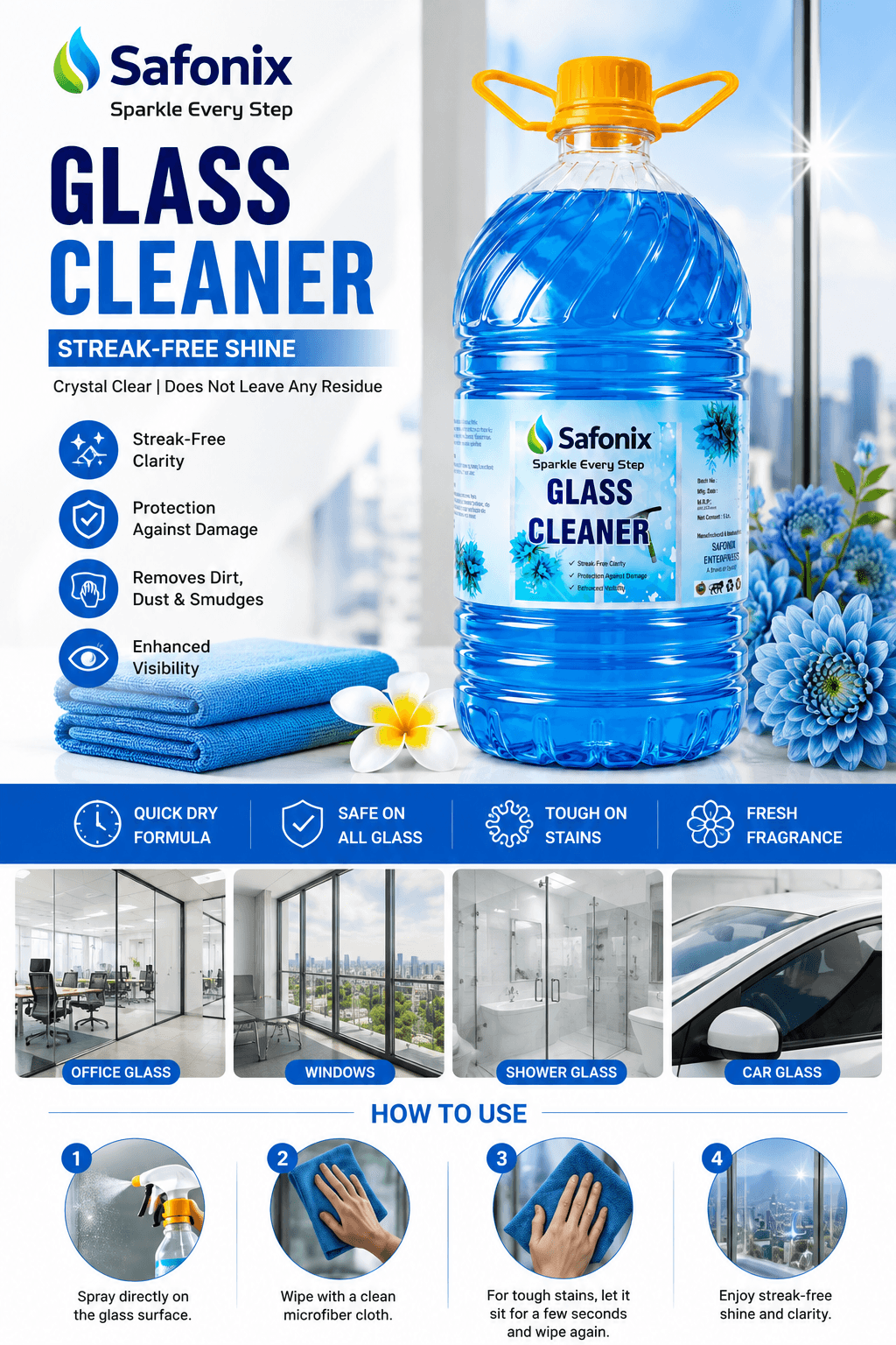 Safonix Glass Cleaner Liquid 5 L | Streak-Free Shine | Quick Dry Formula thumbnail 2