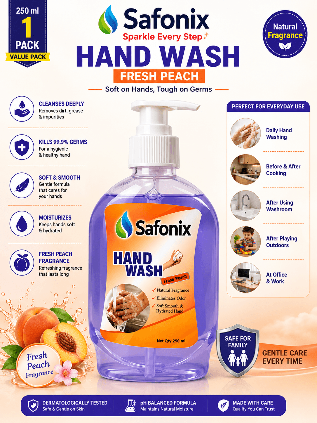 Safonix Hand Wash | Fresh Peach Fragrance |  250 ML Pack Of 2 thumbnail 3