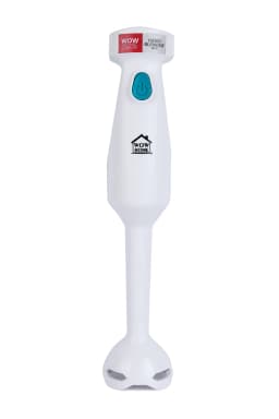 White Hand Blender with Teal Push Button and Immersion Blending Head