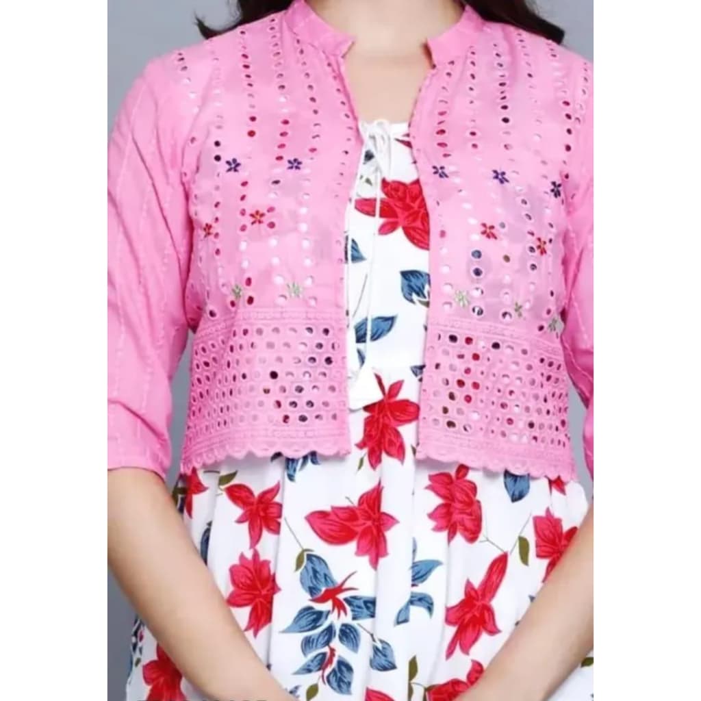 Women’S Floral Printed Maxi Dress With Pink Jacket Layer thumbnail 3