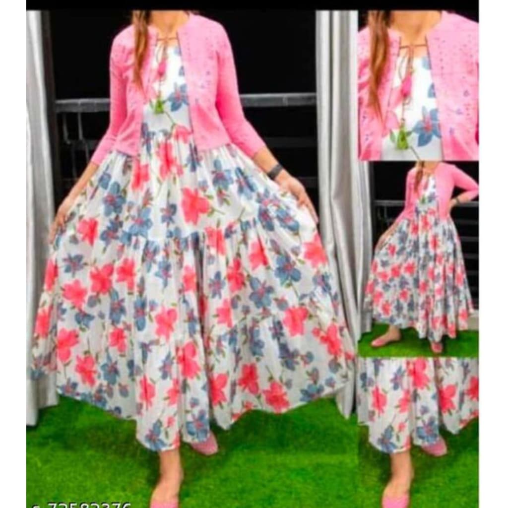 Women’S Floral Printed Maxi Dress With Pink Jacket Layer thumbnail 4