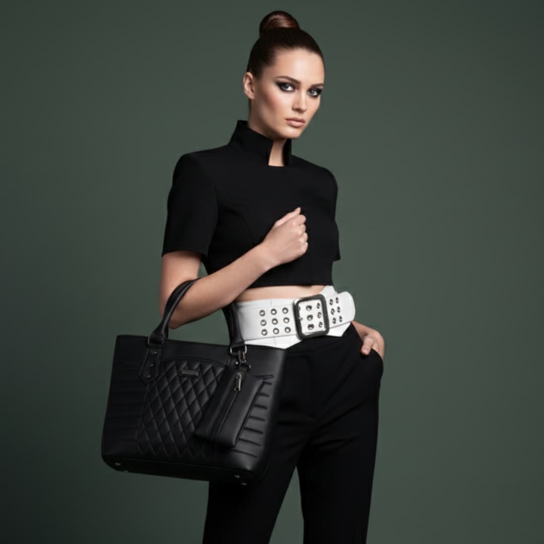 Premium Quilted Tote Handbag with Pouch in Black thumbnail 3