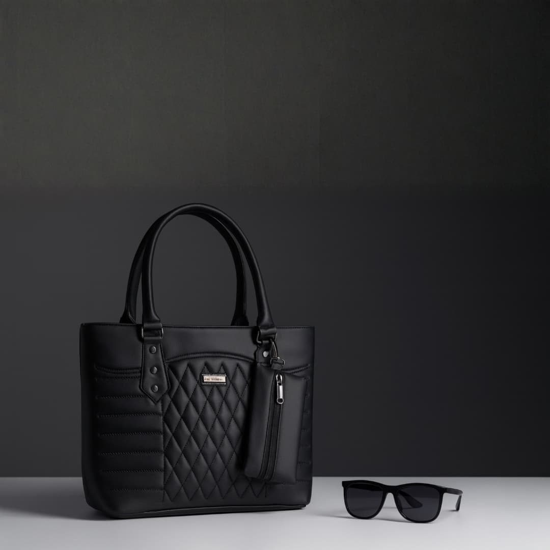 Premium Quilted Tote Handbag with Pouch in Black thumbnail 5