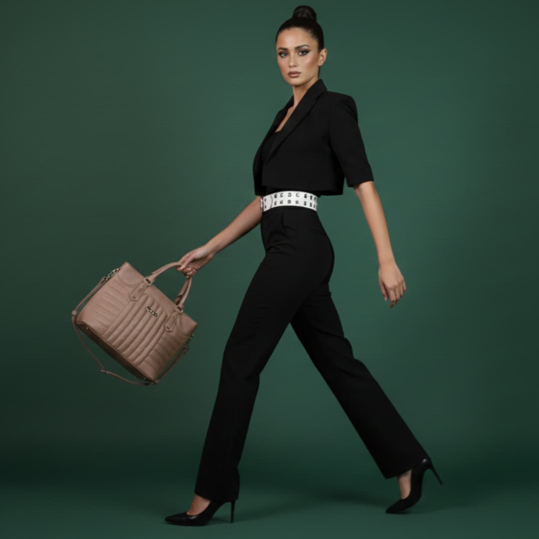 Classic Brown Quilted Tote Handbag with Pouch in Brown thumbnail 3