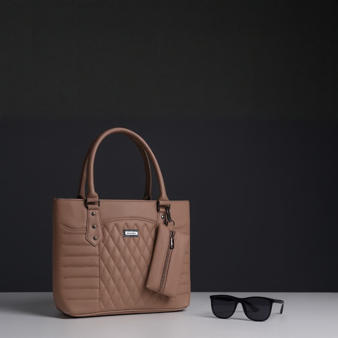 Classic Brown Quilted Tote Handbag with Pouch in Brown thumbnail 4