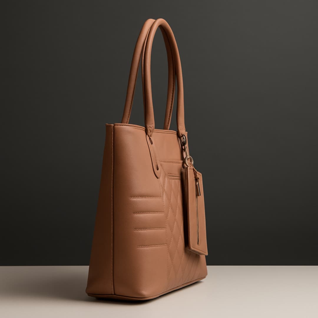 Classic Brown Quilted Tote Handbag with Pouch in Brown thumbnail 6