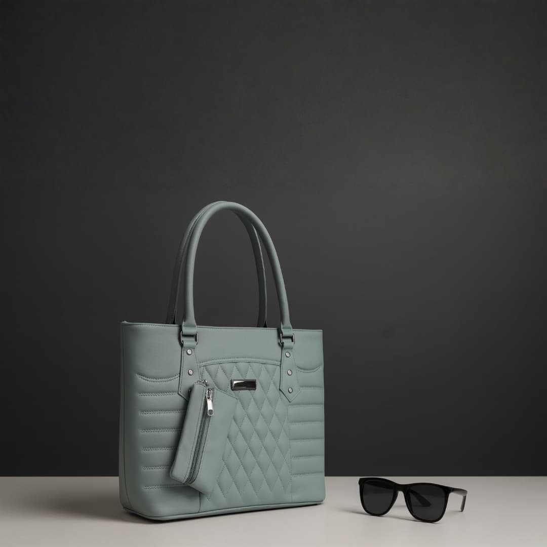 Elegant Green Quilted Tote Handbag with Pouch in Green thumbnail 5