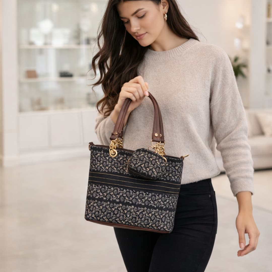 Floral Chain Tote Bag with Mini Pouch in Black thumbnail 2