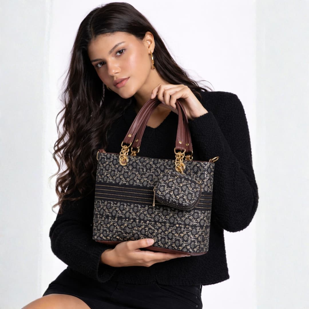Floral Chain Tote Bag with Mini Pouch in Black thumbnail 3