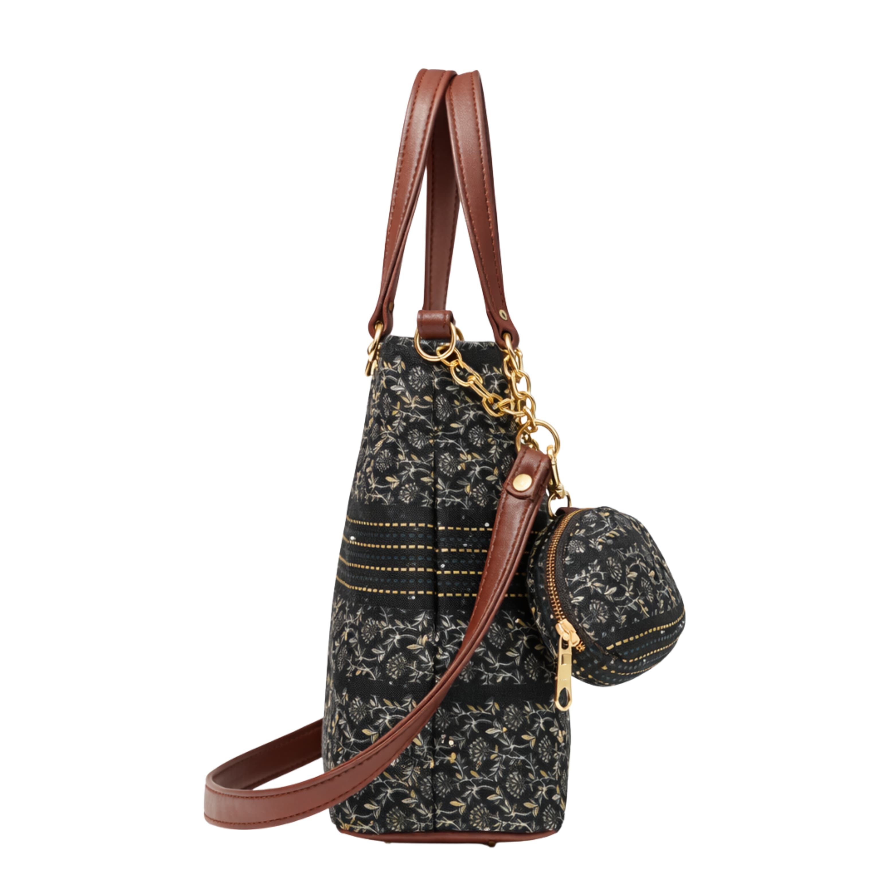 Floral Chain Tote Bag with Mini Pouch in Black thumbnail 5