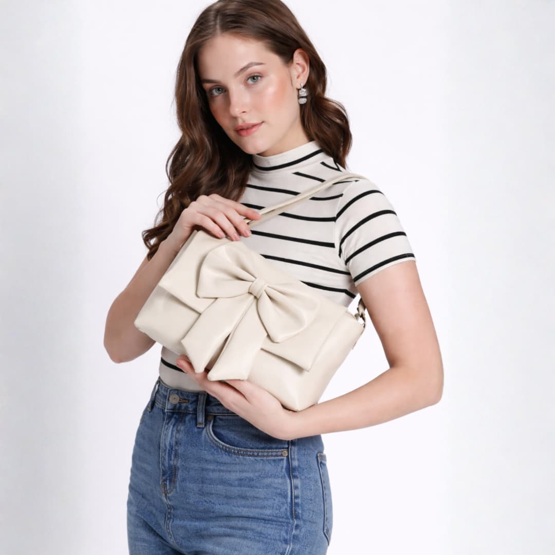 Beige Bow Crossbody Bag in Beige thumbnail 2
