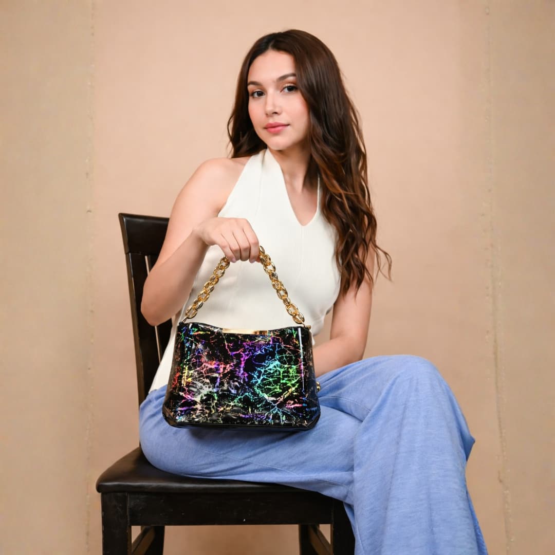 Black Holographic Chain Handbag in Black thumbnail 2