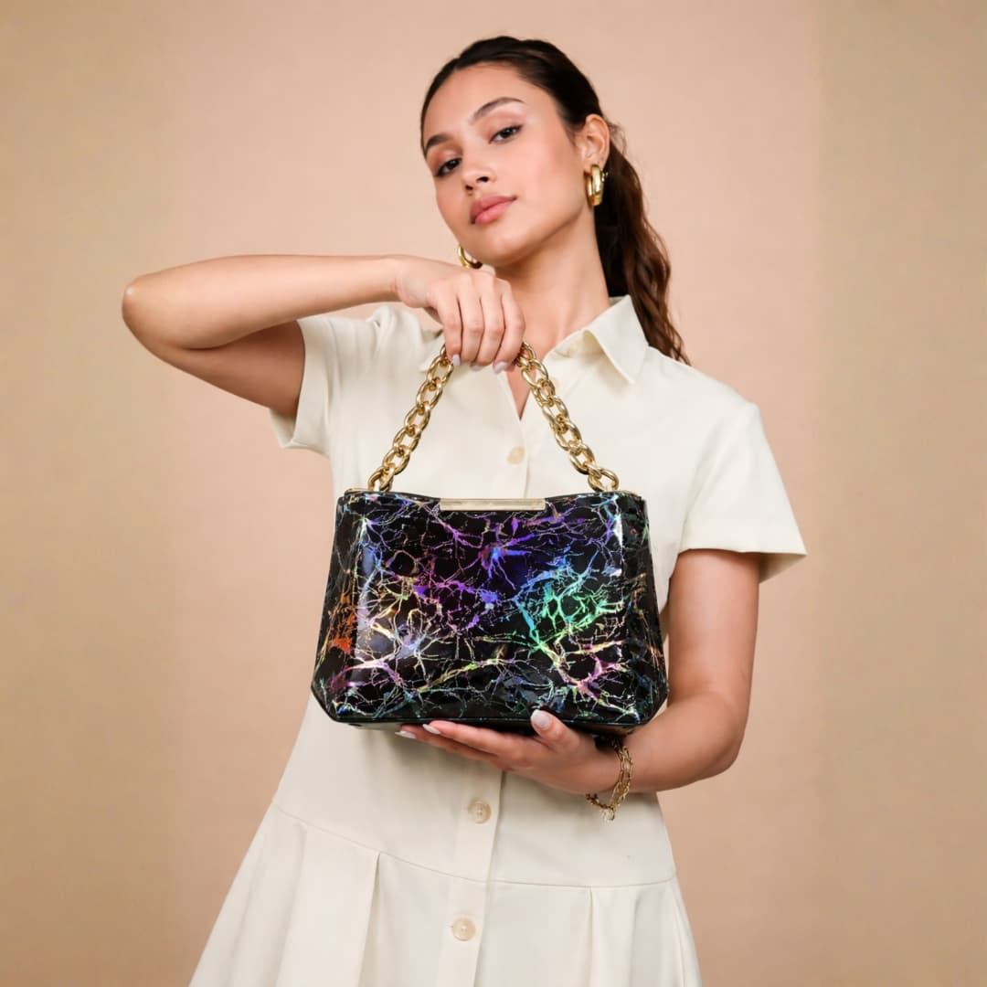 Black Holographic Chain Handbag in Black thumbnail 4