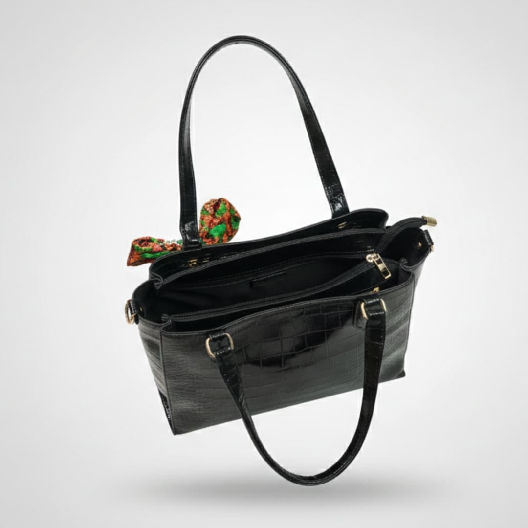 Black Croc-Texture Tote Bag in Black thumbnail 6