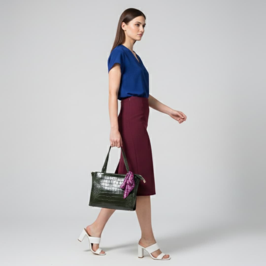 Green Croc-Texture Tote Bag in Green thumbnail 2
