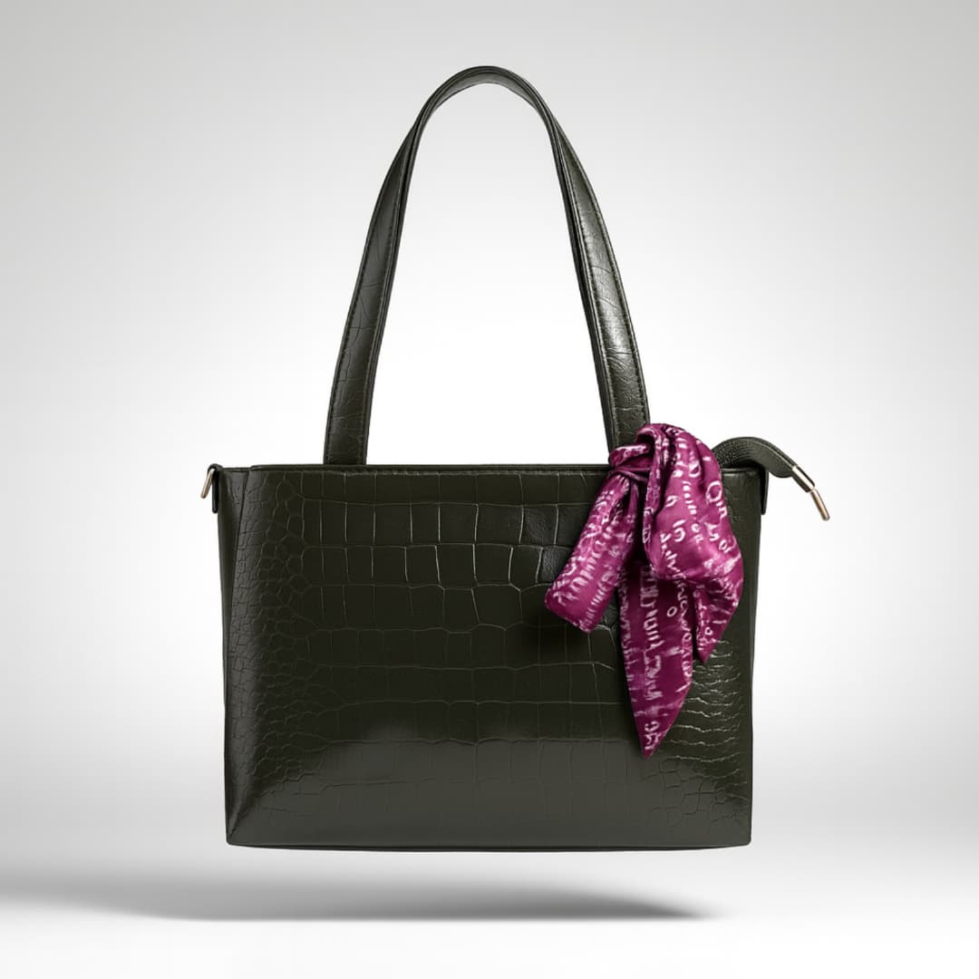 Green Croc-Texture Tote Bag in Green thumbnail 3