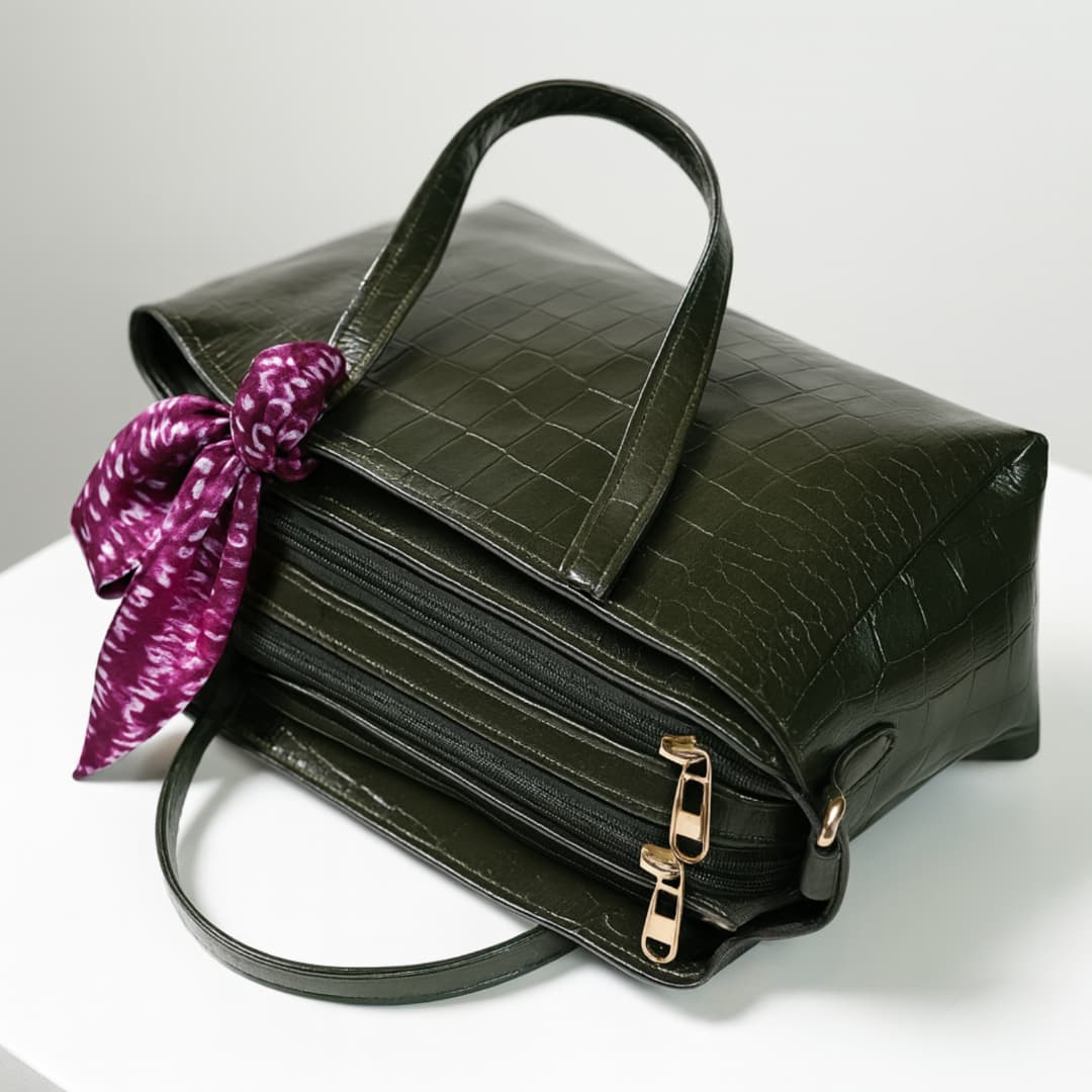 Green Croc-Texture Tote Bag in Green thumbnail 5