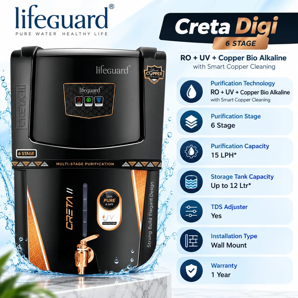 Black 12 L 6-Stage UV Water Purifier with Copper Technology and Front Dispensing Tap thumbnail 2
