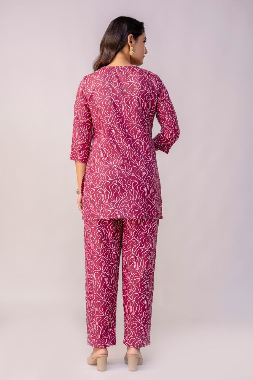 Pink Abstract Line Printed Co-Ord Set For Women – 3/4 Sleeve V-Neck Tunic Top & Straight Pants Two Piece Outfit thumbnail 3