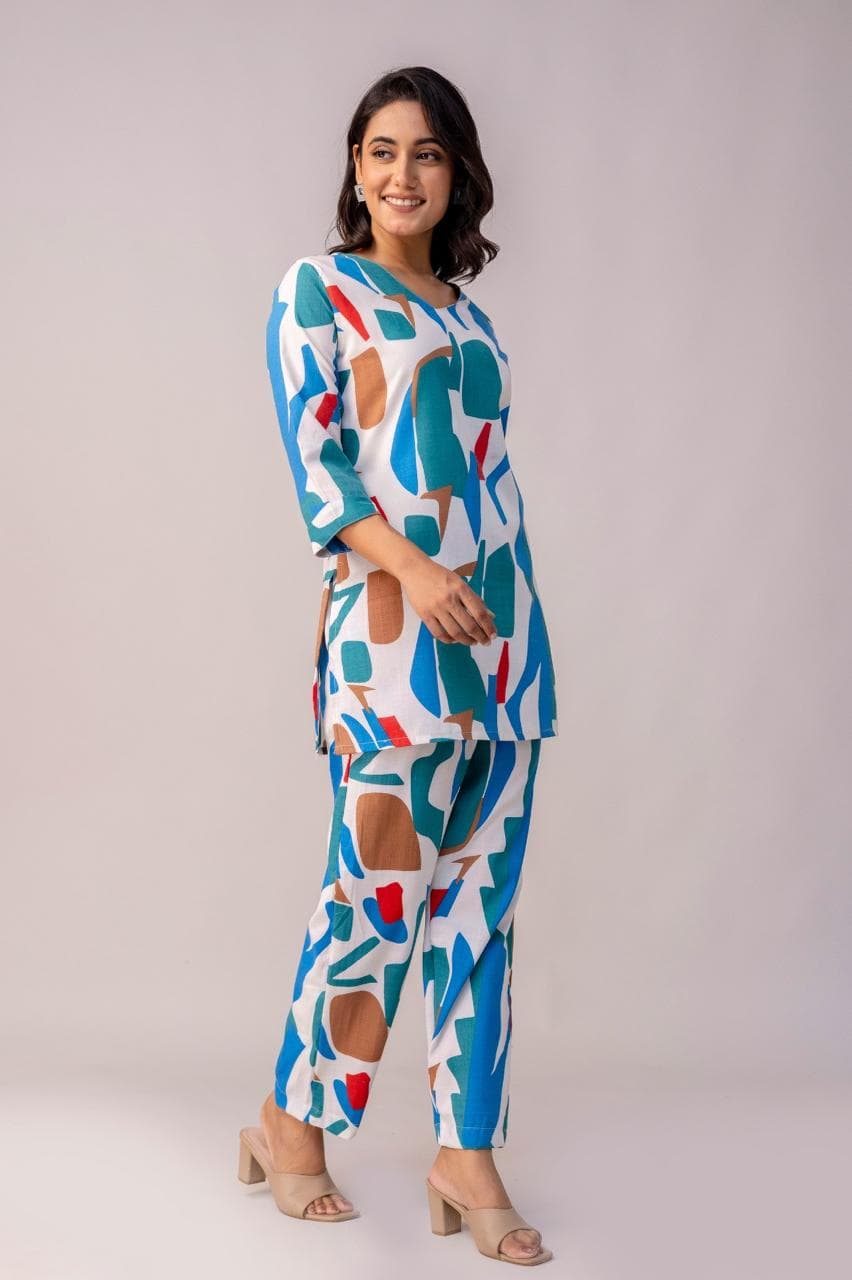 Modern Abstract Printed Co-Ord Set For Women – Relaxed Fit Top & Straight Pants thumbnail 1