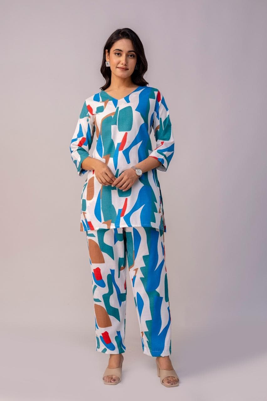 Modern Abstract Printed Co-Ord Set For Women – Relaxed Fit Top & Straight Pants thumbnail 2