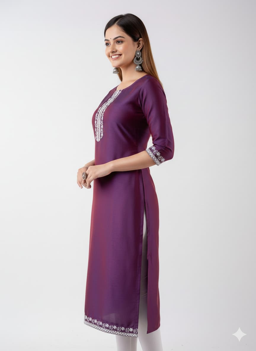 Women'S Wine Purple Silk Blend Straight Kurta With Embroidered Neck & Border thumbnail 3