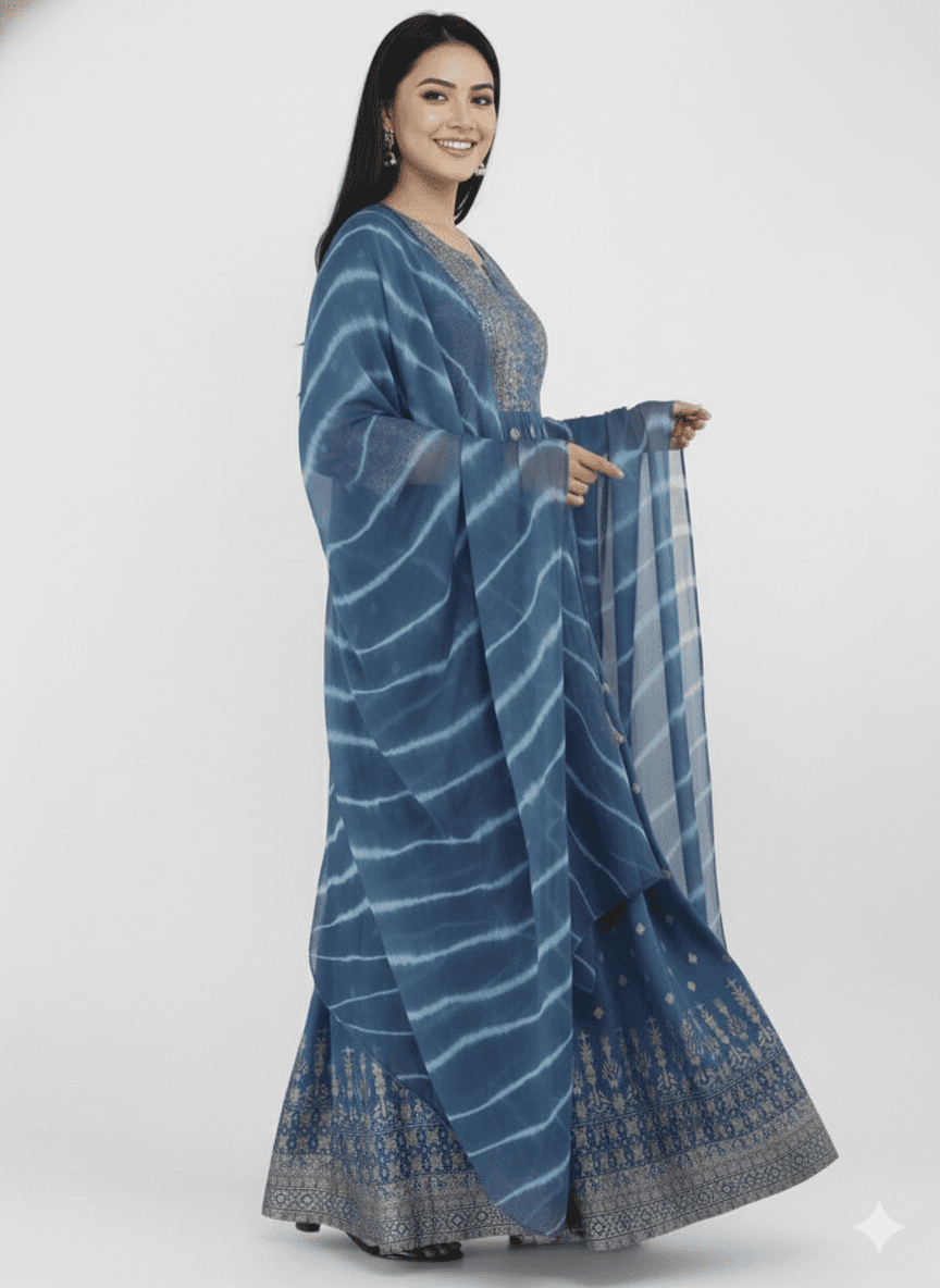 Women'S Anarkali Kurta With Leheriya Dupatta Set - Foil Print Ethnic Gown For Party & Festive Wear thumbnail 2