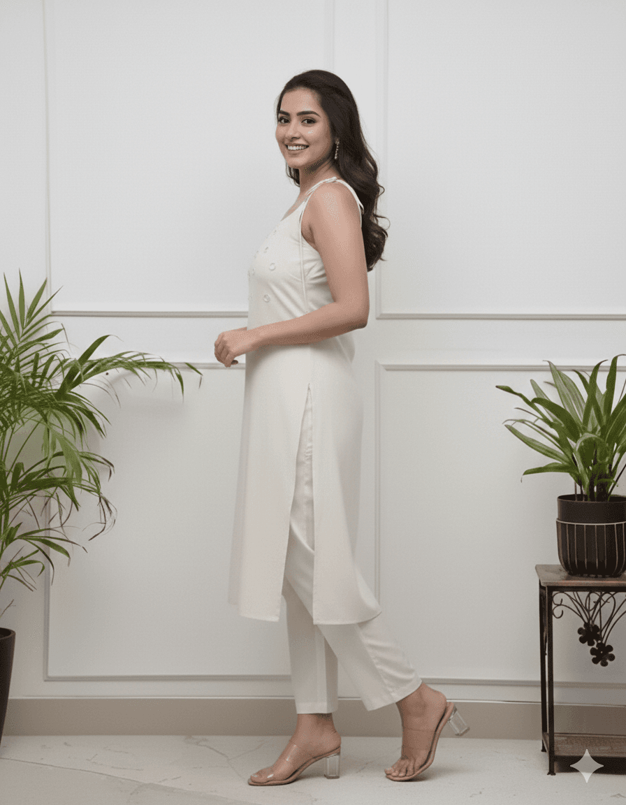 Trendy Mirror Work Straight Kurta Set - Off White thumbnail 2