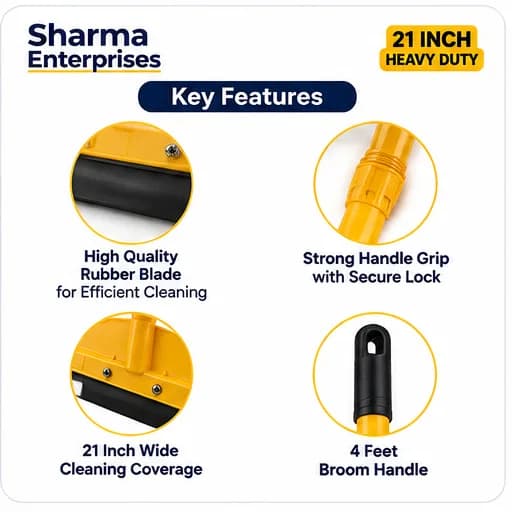 Yellow Plastic Floor Wiper with Long Handle and Black Rubber Blade thumbnail 4