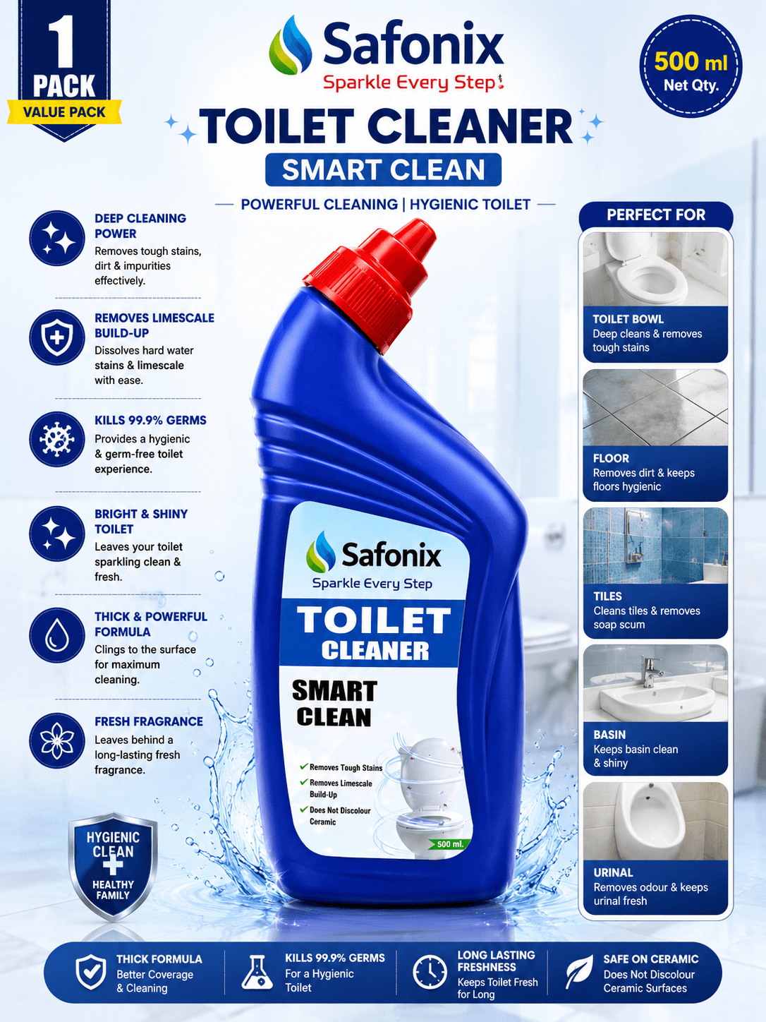 Safonix Toilet Cleaner Liquid | Smart Clean Toilet Bowl Cleaner | 500 ML Pack Of 2 thumbnail 3