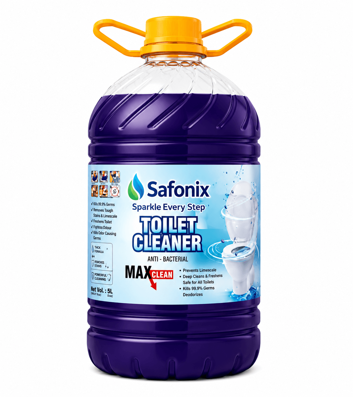 Safonix Toilet Cleaner Liquid 5 L | Max Clean Toilet Bowl Cleaner | Anti-Bacterial Formula