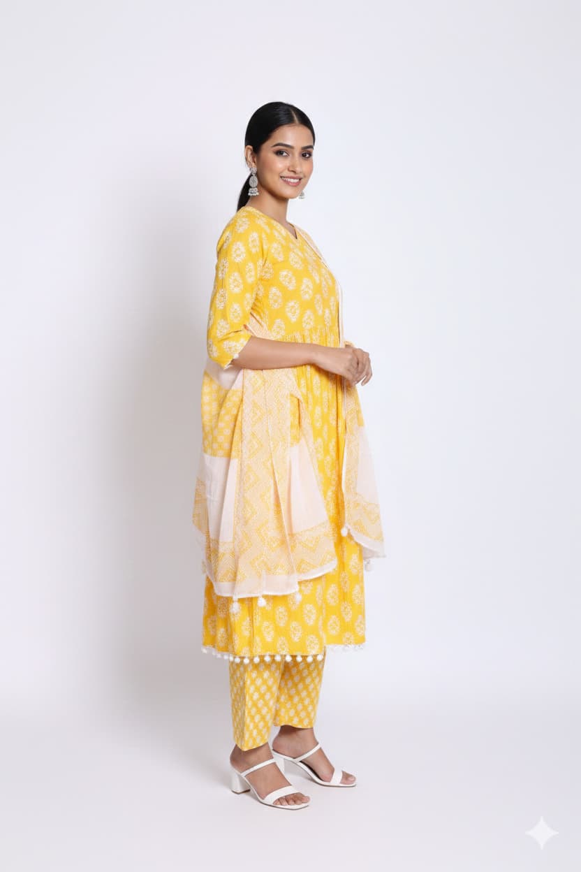 Women'S Floral Print Cotton Anarkali Kurta With Pant And Dupatta Set (Set Of 3) thumbnail 2