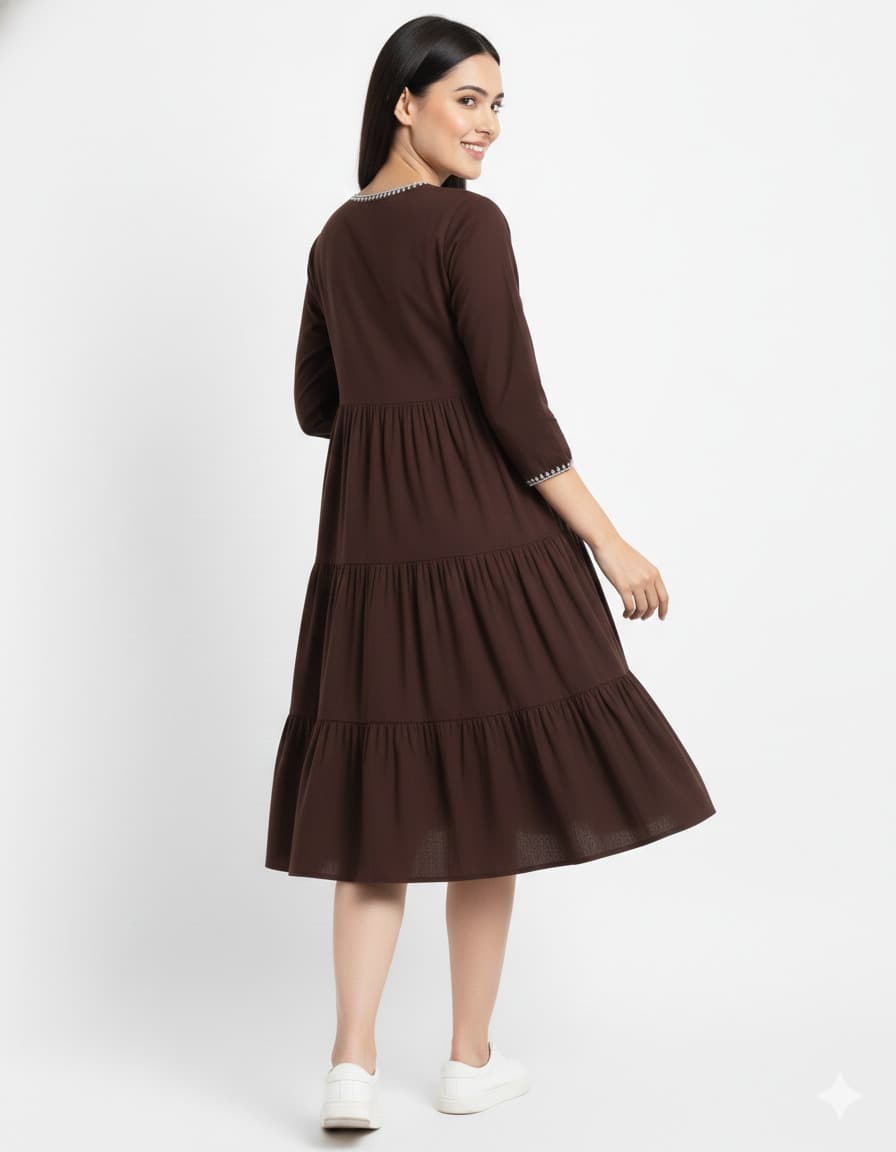 Women'S Tiered Cotton Dress | V-Neck Ethnic Fusion Knee-Length One Piece | Women'S Boho-Style Tiered Cotton Kurti Dress thumbnail 4