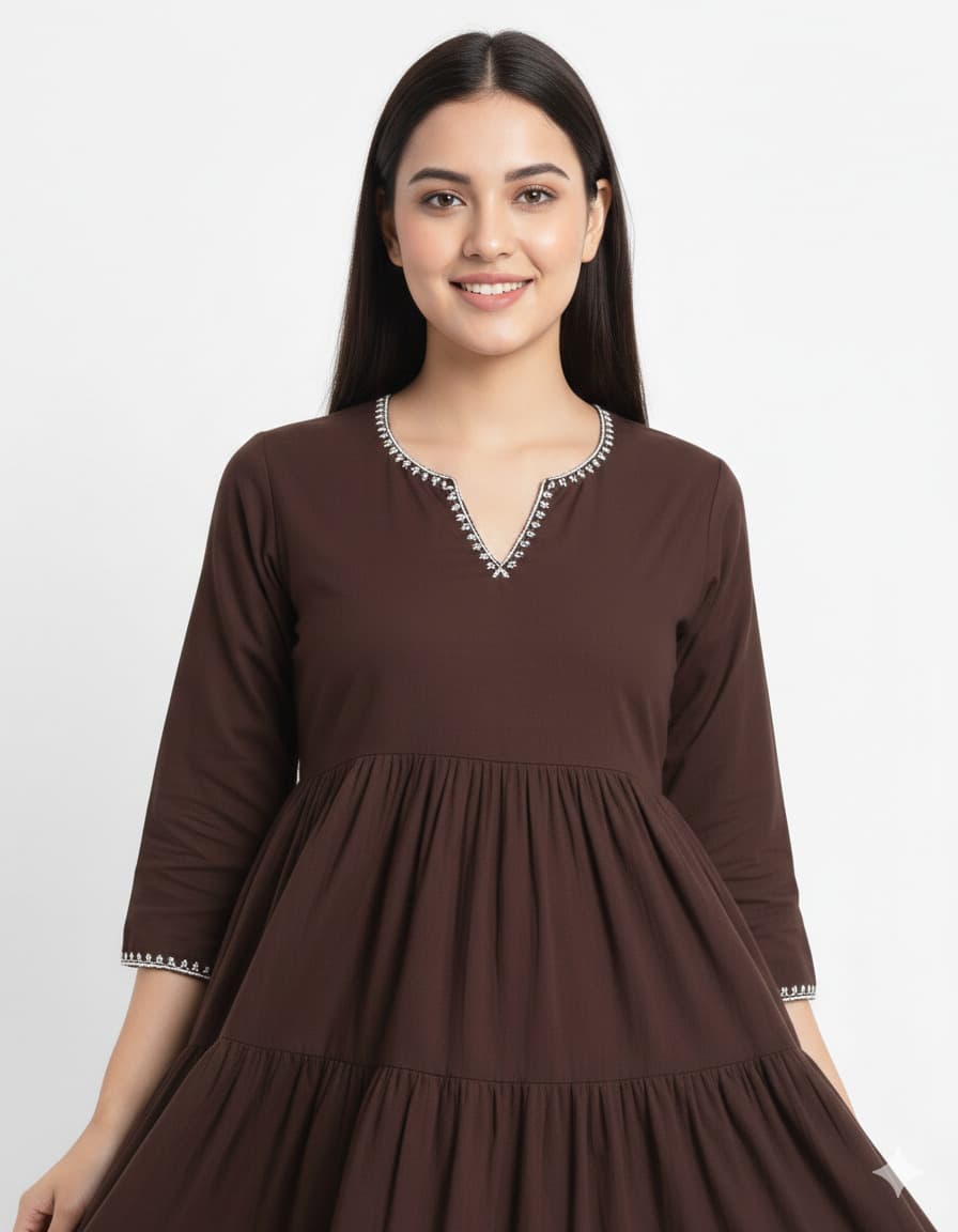 Women'S Tiered Cotton Dress | V-Neck Ethnic Fusion Knee-Length One Piece | Women'S Boho-Style Tiered Cotton Kurti Dress thumbnail 2