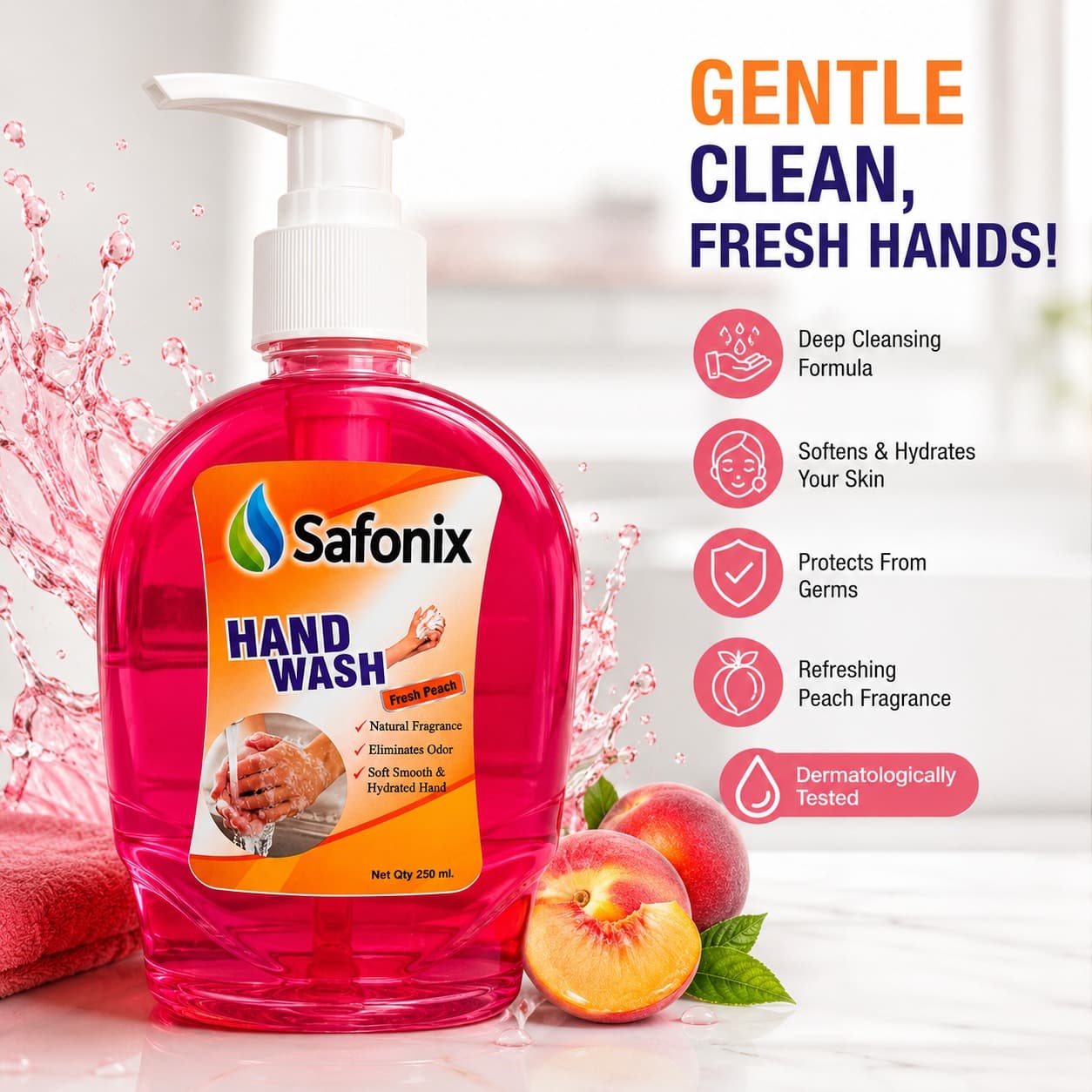 Safonix Hand Wash Liquid | Fresh Peach Fragrance 250 ML Pack Of 2