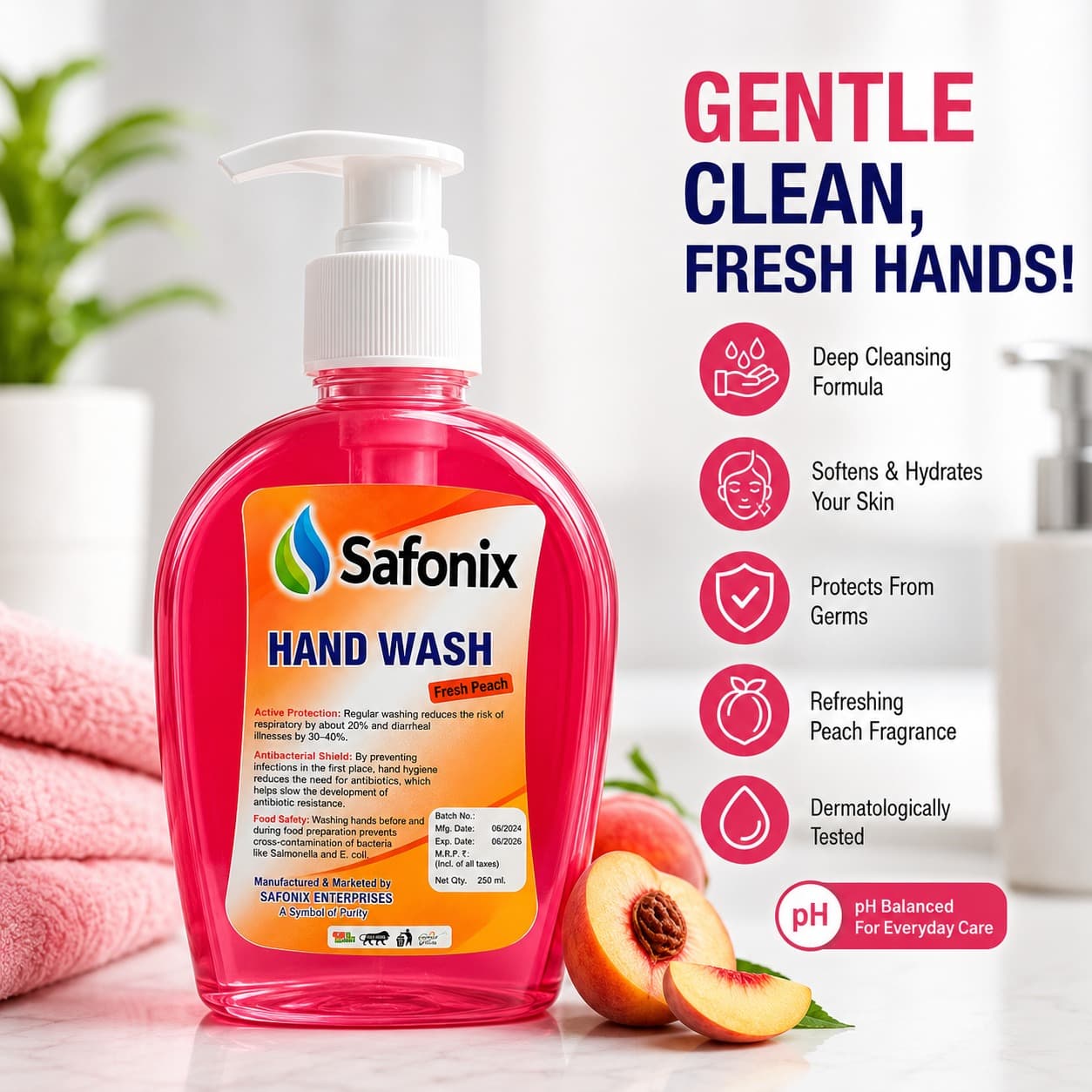 Safonix Hand Wash Liquid | Fresh Peach Fragrance 250 ML Pack Of 2 thumbnail 2