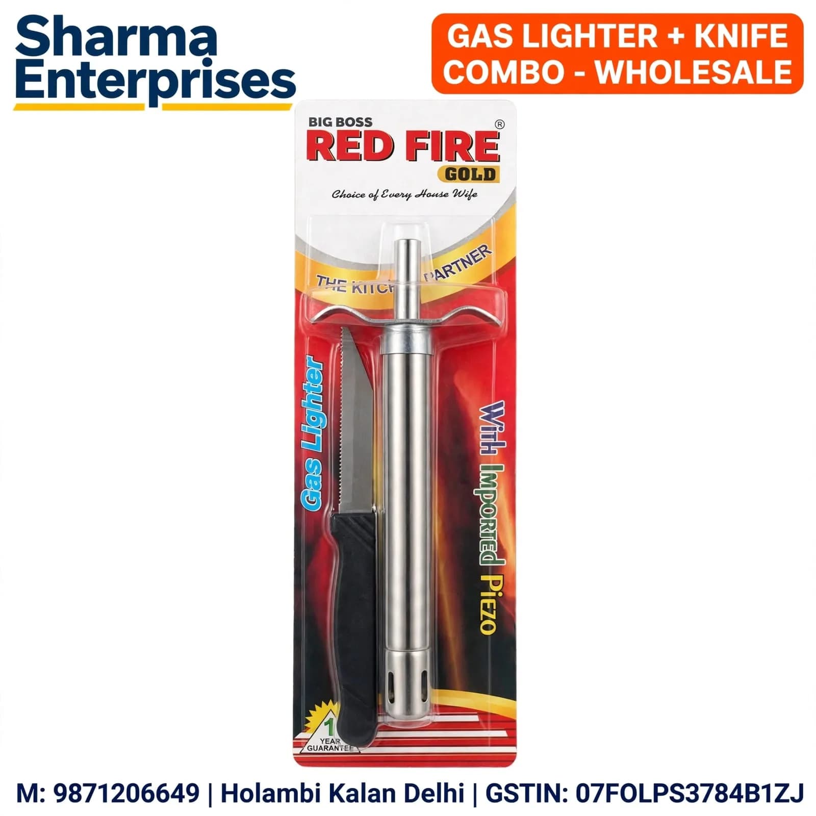 Silver Metal Gas Lighter with Black-Handle Serrated Kitchen Knife Combo