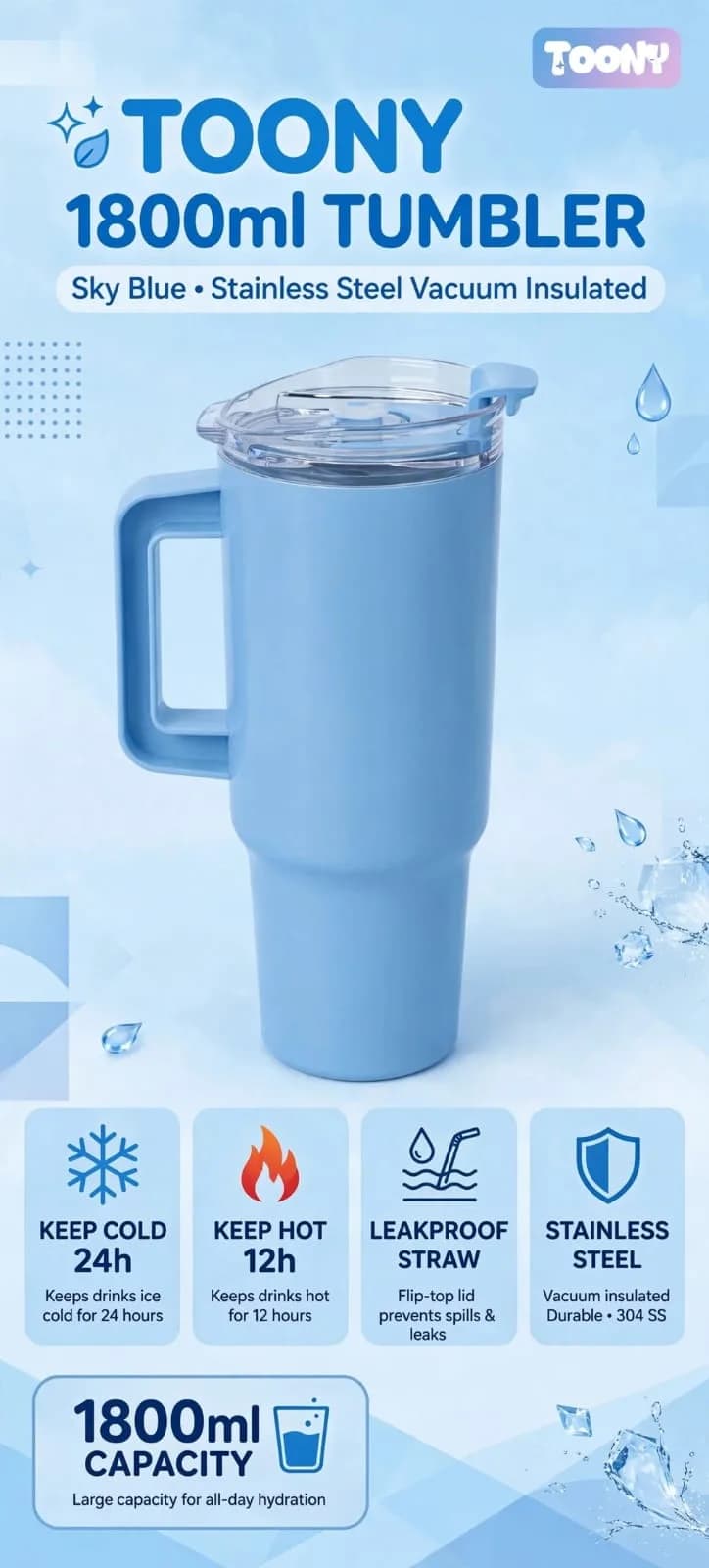 Handled Tumbler with Straw and Flip-Top Lid for Cold Drinks 1800 ML thumbnail 4