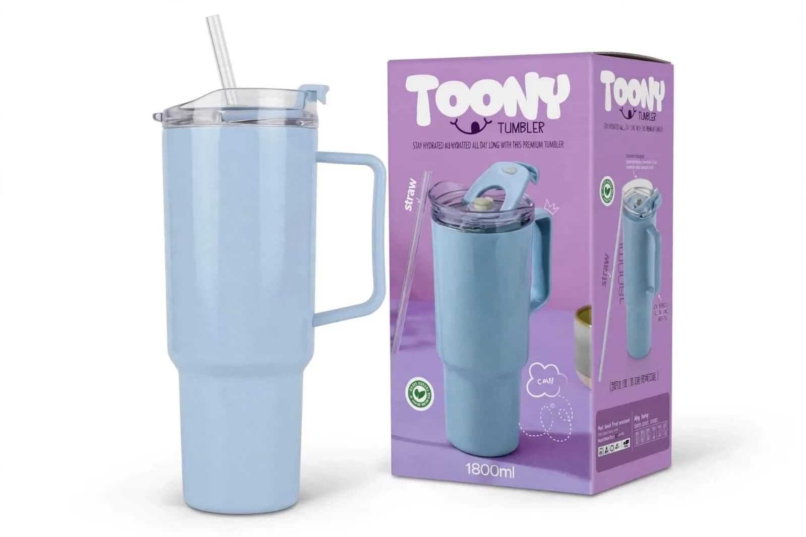 Handled Tumbler with Straw and Flip-Top Lid for Cold Drinks 1800 ML