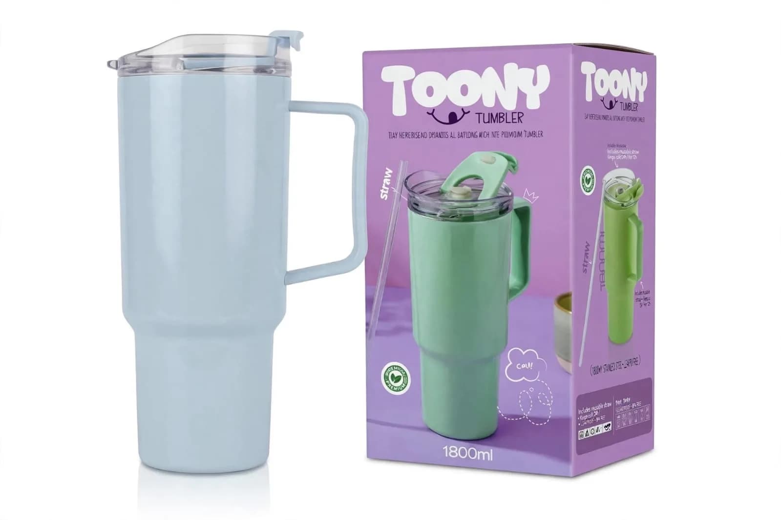 Handled Tumbler with Straw and Flip-Top Lid for Cold Drinks 1800 ML thumbnail 3