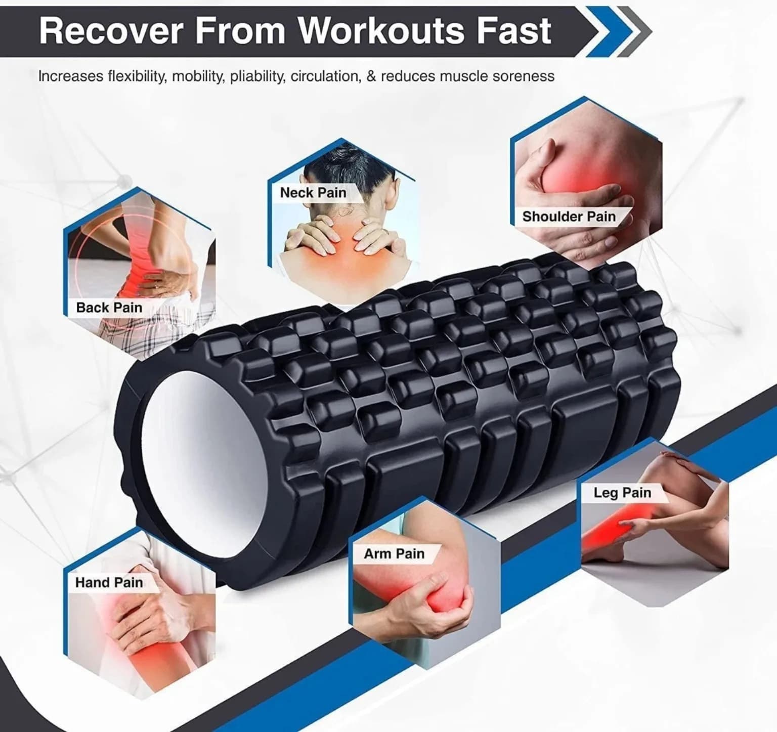 Textured Hollow Foam Roller for Full-Body Self-Massage and Mobility Routines Black & Blue thumbnail 7