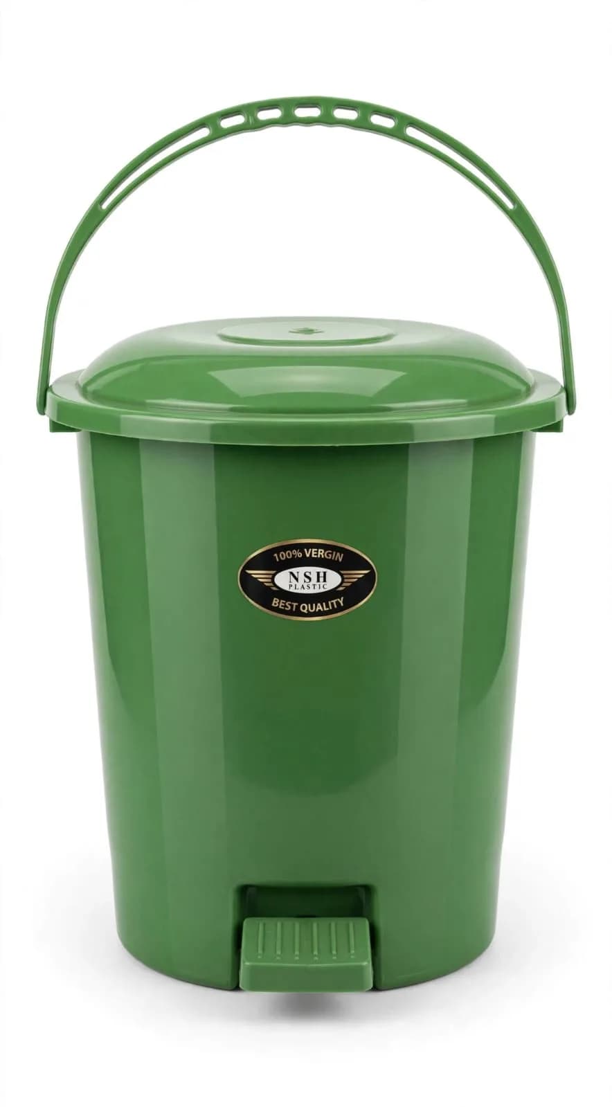 Green Plastic Pedal Dustbin with Hinged Lid and Overhead Carry Handle, 10 L